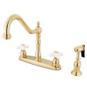 Kingston Brass KB1758PXBS Heritage 8" Center Kitchen Faucet w/ Brass Sprayer & porcelain cross handles