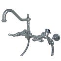 Kingston Brass KS124 Heritage 8" Center Wall Mount Kitchen Faucet w/ Wall Mounted Side Sprayer & ALBS lever handles