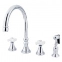 Kingston Brass KS2792PXBS Governor 8" Deck Mount Kitchen Faucet w/ Brass Sprayer & porcelain cross handles