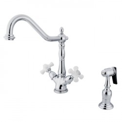 Kingston Brass KS123 Heritage Double Handle Kitchen Faucet w/ Side Sprayer & porcelain cross handles