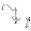 Kingston Brass KS123 Heritage Double Handle Kitchen Faucet w/ Side Sprayer & porcelain cross handles