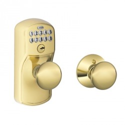 Schlage FE575 PLY Plymouth Keypad Entry Auto-Lock with Plymouth Knob, Lifetime Bright Brass