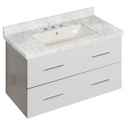 American Imaginations AI-18673 36-in. W Wall Mount White Vanity Set For 3H8-in. Drilling Bianca Carara Top Biscuit UM Sink