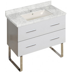 American Imaginations AI-18692 36-in. W Floor Mount White Vanity Set For 1 Hole Drilling Bianca Carara Top Biscuit UM Sink