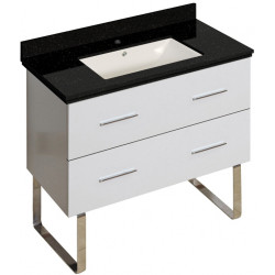 American Imaginations AI-18704 36-in. W Floor Mount White Vanity Set For 1 Hole Drilling Black Galaxy Top Biscuit UM Sink