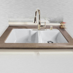 Ceco 735 Offset Tile Edge Kitchen Sink 33"x22"x10", Extra Deep-High-Low Double Bowl