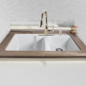  735-22 Offset Tile Edge Kitchen Sink, 33"x22"x10", Extra Deep-High-Low Double Bowl