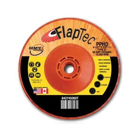 Gemtex Abrasives 8427 Flaptec Premium Ceramic Trimmable Plastic High Density Back Flap Disc, Type 27