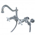 Kingston Brass KS124 Heritage 8" Center Wall Mount Kitchen Faucet w/ Wall Mounted Side Sprayer & porcelain cross handles