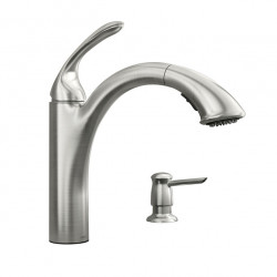 Moen Inc 87035SRS Kinzel, One-Handle Low Arc Pullout Kitchen Faucet w/ Soap Dispenser, Spot Resist Stainless