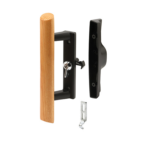 Prime Line C 1107 Sliding Patio Door Handle, Black Diecast, Hardwood Handle, Surface Hook